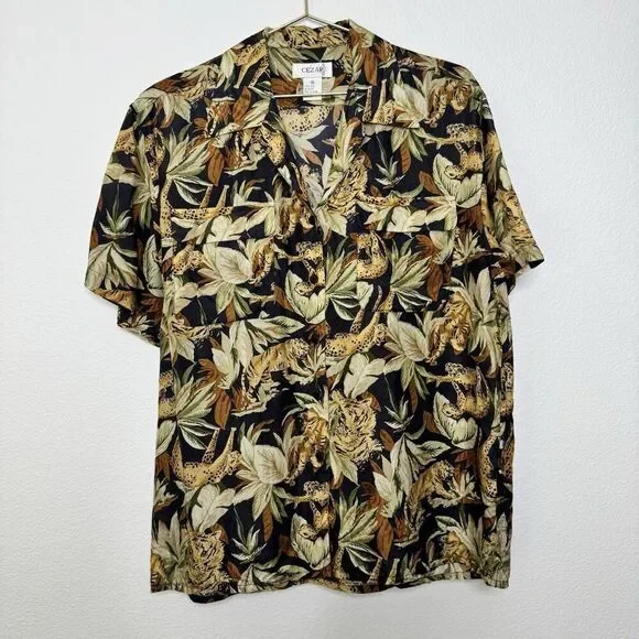 Vintage 100% Silk Top Medium 90s Tiger Cheetah Novelty Hawaiian Button Shirt - Picture 2 of 7